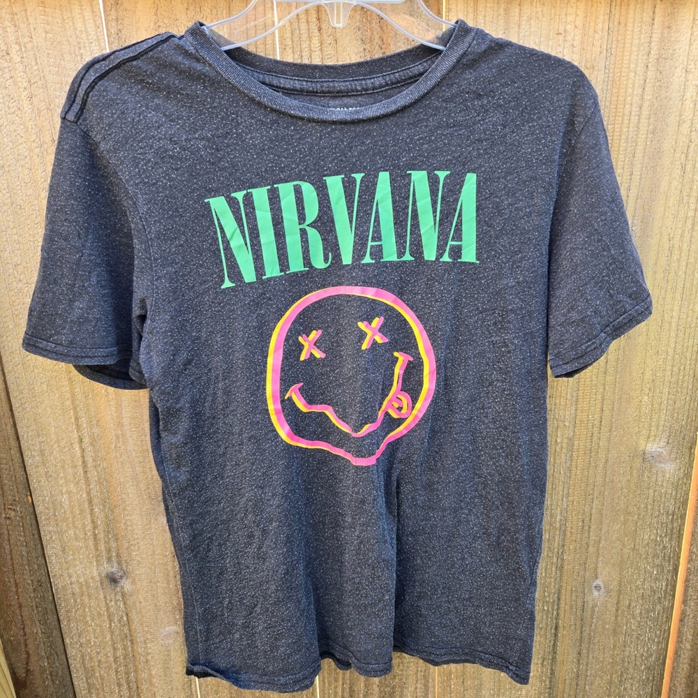 Nirvana Smiley Face Graphic Tee Charcoal Heather Grey Boys Size 14/16 Large